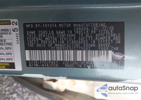 2007 Toyota Corolla Ce z USA, uszkodzony, nr VIN 2T1BR32E57C775502